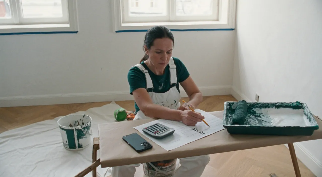 Illustration: en malermester regner på et stykke papir med lommeregner ved et bukkebord i en lejlighed under maling, telefonen ligger ved siden af.